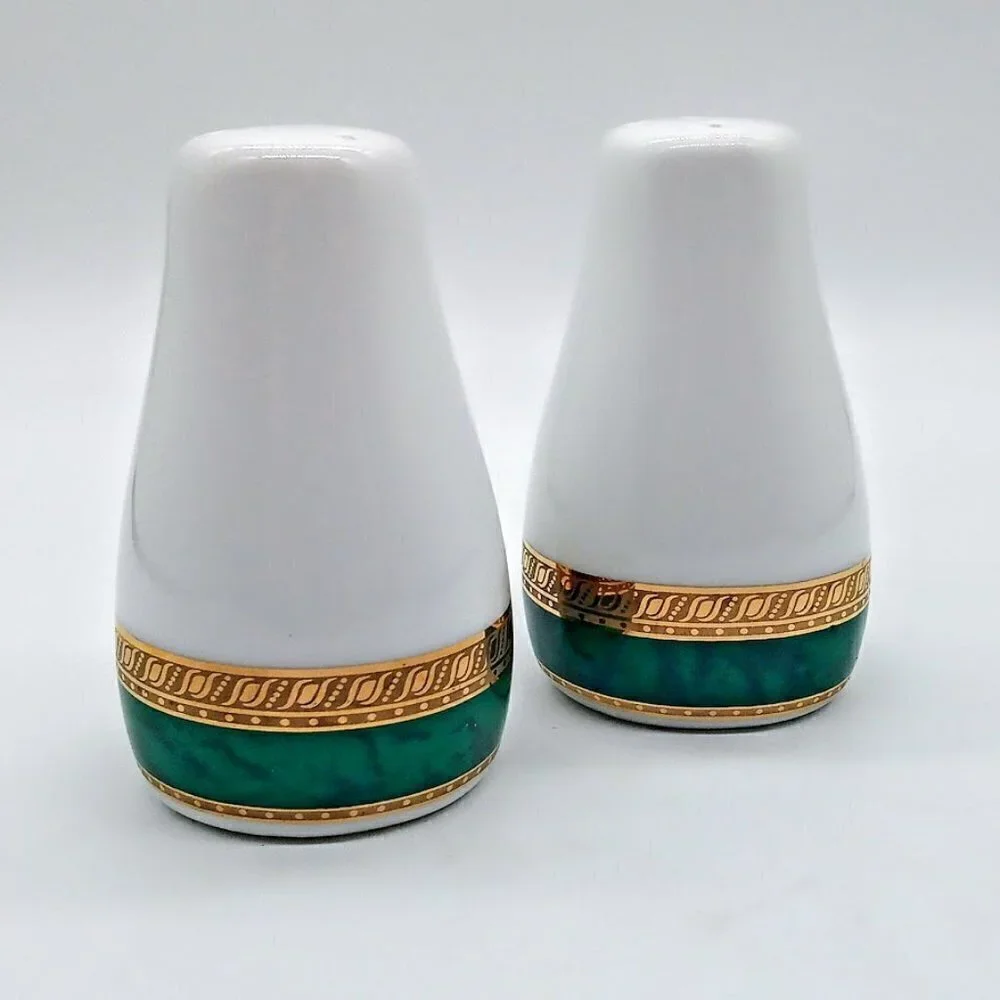 White Porcelain Green Gold Trim Salt & Pepper Shakers